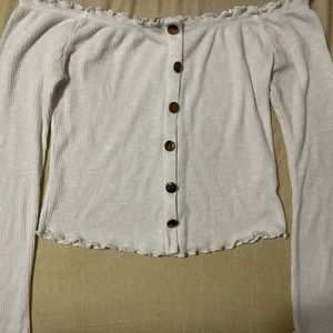 Off-The-Shoulder white crop top with gold buttons, ruffles